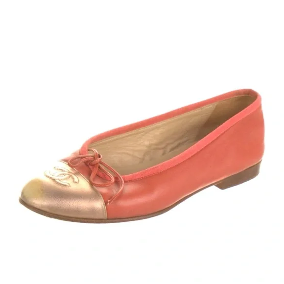 Chanel Shoes | Vintage Chanel Coral & Gold Ballet Flats Cc Logo Leather Shoes | Color: Gold/Pink | Size: 6 | Stiletto33's Closet